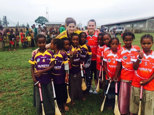 Mags and Aoife pose with local girls ahead of Africa’s first ever camogie game: Ropi, Ethiopia: April 2016